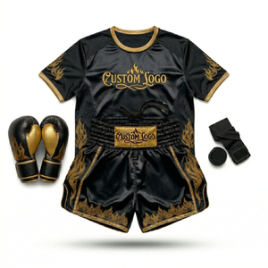 Ensemble d'uniformes de boxe personnalisés avec logo, broderie or blanc, motif flamme, unisexe, pour adultes, kit de vêtements d'arts martiaux - Product Image 2