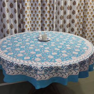Blue <b>White</b> Cotton Elegant Jaipuri Block Print <b>Table</b> <b>Cover</b> Customized Floral Pattern Durable Eco-Friendly Weddings Parties Gifts - Product Image 1
