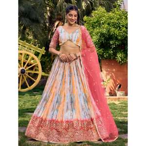 Impresionante ropa festiva de Chinon con estampado digital en blanco y rosa Lehenga Choli - Product Image 2
