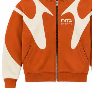 Orange Contrast Panel <b>Zip</b> Up <b>Hoodie</b> Men Streetwear Full Zipper Long Sleeve Custom Casual Fleece Hooded Sweatshirt With <b>Pocket</b> - Product Image 6