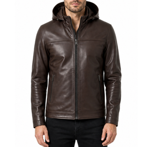 Custom Brown Hooded Genuine <b>Real</b> <b>Leather</b> <b>Jacket</b> Men Winter High Quality Outerwear Regular Fit classic streetwear - Product Image 1