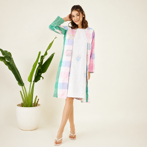 Women's Cotton White Dress with Pastel Check Long Shrug Two Piece Set Casual Summer Resort Wear OEM Custom Apparel - Product Image 1