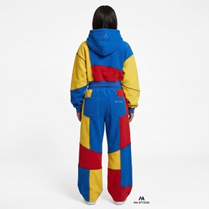 Womens Color Block <b>Crop</b> <b>Top</b> Hoodie Tracksuit Sets Blue <b>Yellow</b> Red Patchwork Wide Leg Pants Custom Streetwear Outfit - Product Image 2
