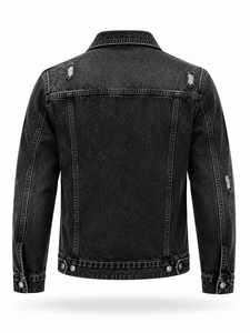 Chaqueta de Mezclilla Negra para Hombre con Logotipo Personalizado, Cierre de Botones, Corte Regular, Lavado Desgastado, Estilo Casual Urbano, Ropa de Otoño, 100% Algodón - Product Image 3