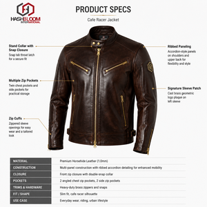 Men's Premium Horsehide Leather Cafe Racer <b>Jacket</b> 1.0mm Vintage Biker <b>Slim</b> <b>Fit</b> Moto Outerwear - Product Image 5