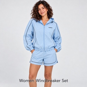 Ensemble de veste coupe-vent et short pour femme, style décontracté, bleu ciel, veste à capuche zippée, short à bordure contrastée, tenue de voyage en deux pièces - Product Image 1
