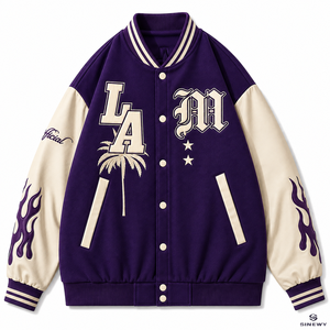 SINEWY Men's Purple Varsity Jacket Embroidered LA Palm Tree Lettering Preppy Style Baseball Coat Autumn Wear - Product Image 1
