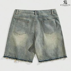 Shorts en jean droits pour hommes, taille haute, style streetwear décontracté, 100 % coton, délavés, pour l'été 2026 - Product Image 3