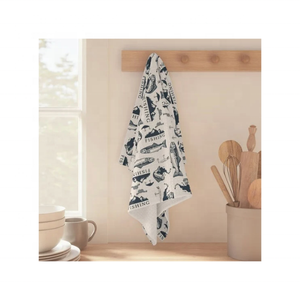 Serviette de cuisine en coton brodée avec des poissons prêts pour les occasions, en tissage gaufré lourd, conçue pour les acheteurs haut de gamme et la vente au détail d'événements - Product Image 1