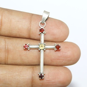 Pendentif vintage en argent sterling 925 certifié IGI avec grenat rouge feu et citrine, 1 1/2 pouce de long, bijou cadeau - Product Image 4