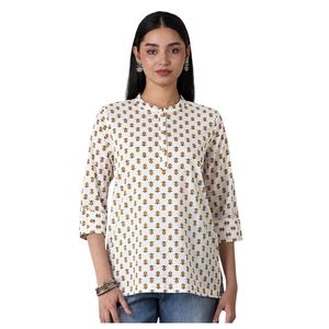 Top de algodón con cuello mandarín y estampado de piña para mujer, jersey informal de manga tres cuartos, corte regular, para todas las estaciones - Product Image 1