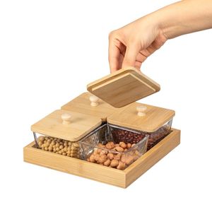 Plateau de service carré en bambou écologique classique personnalisé, bols en céramique, couvercles en bois, plateau de service multi-compartiments pour en-cas - Product Image 6