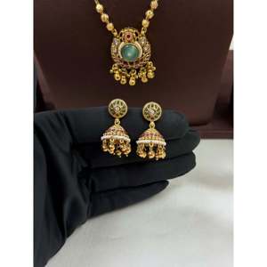Indian Ethnic Swati Heritage Delicate Gold-Plated Steel Necklace & Earring Set for Bridal - Product Image 4