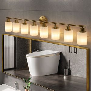 Applique da Parete Moderna a 8 Luci, 52 Pollici, Finitura Dorata con Paralumi in Vetro Satinato per Illuminazione Bagno e Corridoio, Lampadine Non Incluse - Product Image 2