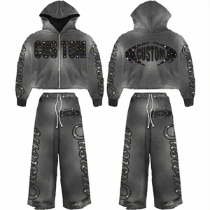 Survêtement personnalisé de qualité supérieure avec impression sérigraphique et broderie en strass effet délavé, style streetwear tendance pour unisexe - Product Image 1