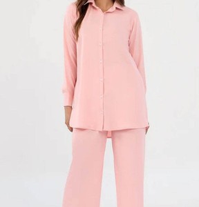 Women's Pink Oxford Cotton Long Sleeve Shirt <b>Set</b> With Turn-down Collar And Button Closure Regular Fit Casual Wear - Product Image 4