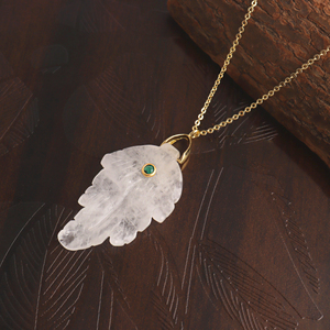 Wholesale jewelry crystal quartz leaf carving pendant with emerald cz inlay 18k gold plated <b>statement</b> chain <b>necklace</b> for women - Product Image 5