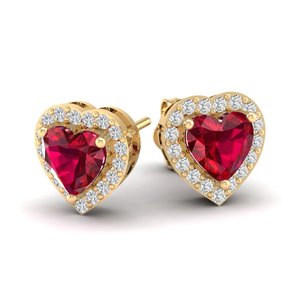 REYES Heart Shape 1.5 Carat Ruby Gemstone Earrings for <b>Wife</b> Dainty 14K 18K Yellow Gold Diamond Screw Back Stud Halo Earrings - Product Image 1