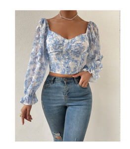 Blusa de Georgette Estampada con Flores, Mangas Largas Asimétricas para Mujer, Ligera, Cómoda, Elegante, Informal, para Salir, Fiestas, Viajes - Product Image 3