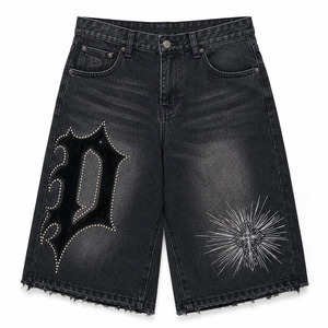 Gothic Y2K baggy velour applique denim jorts herren streetwear shorts with rhinestone detail low MOQ wholesale - Product Image 2