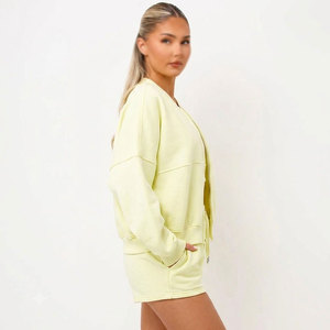 Casual Washed Stand Collar Women Hoodie & Shorts Set Breathable 100% Cotton Fabric for Summer <b>Travel</b> & Street <b>Wear</b> - Product Image 4