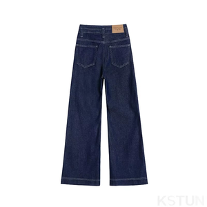 Jean large taille haute en denim bleu original 2026 pour femme, coupe bootcut extensible, avec patchs et design vintage à double boutonnage - Product Image 1