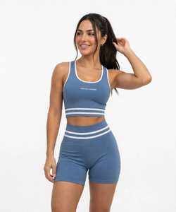 ONETEN APPAREL เสื้อกล้ามสปอร์ตบราคอกลมลายทางสำหรับผู้หญิง สีฟ้า ชุดออกกำลังกายโยคะ - Product Image 1