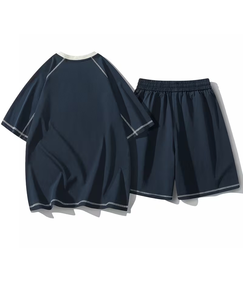 Men Solid <b>Navy</b> Blue Crew Neck T-Shirt Set Breathable Quick Dry Knitted 180g Shorts Casual Summer Outfit - Product Image 2