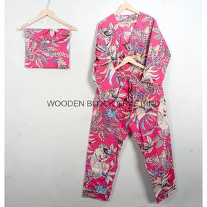Conjunto de Pijama de 3 Piezas de Algodón Suave para Mujer, Cuello en V, Estampado a Mano, Estilo Boho, Logotipo Frontal, Manga Larga, Cintura Alta, Verano - Product Image 1