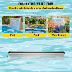 Fuente de Cascada para Piscina de Acero Inoxidable con Tira de Luces LED de 35.4'' x 4.5'' x 3.1'' (Ancho x Profundidad x Altura), Tubo de Desagüe - Product Image 4
