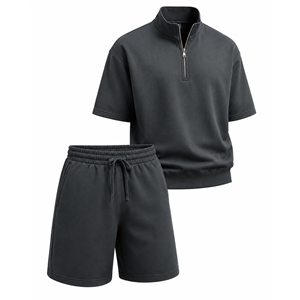 Men's Hooded Fleece Short Sleeve Top and Drawstring Shorts Set Solid Black Front Logo Streetwear Casual Wear for Winter - Product Image 6