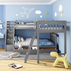 Letto a castello a L grigio con letto singolo sopra e letto matrimoniale, 3 cassetti e scaletta, mobili per bambini con scala - Product Image 2