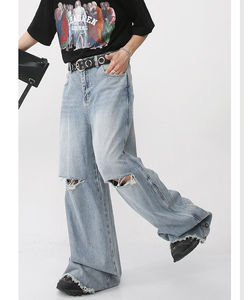 Jeans en denim déchiré et délavé sur mesure pour hommes, style streetwear décontracté, coupe ample, respirant, avec doublure en polaire - Product Image 4