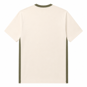 Camiseta de Algodón Crema Personalizada con Panel Lateral Verde Oliva en Contraste, Cuello Redondo, Manga Corta, Top Informal para Hombre - Product Image 2