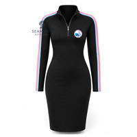 Robe moulante pour femme Jack And Jill Of America, manches rayées contrastées, col montant zippé, longueur genou, coupe ajustée, robe décontractée