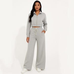 Conjunto Deportivo Casual de Otoño para Mujer, Conjunto de Dos Piezas a la Moda, Chaqueta Corta con Cierre, Pantalones Anchos de Felpa Transpirable Exoro - Product Image 5