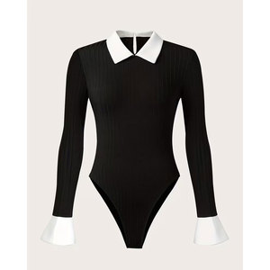 Body ajustado con ribete en contraste a precio asequible, elegante body de una pieza con manga larga y abertura en forma de llave, ropa de mujer - Product Image 1