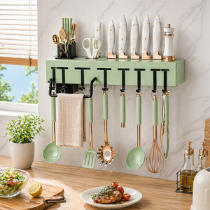 Kitchen Organizer Wall Mounted Rack <b>with</b> Knife Holder <b>Hooks</b> Utensil Hanging <b>Shelf</b> Space Saving Storage Solution - Product Image 1