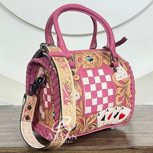Western Style Floral <b>Tooled</b> Pink & White Checkered <b>Leather</b> Mini Speedy Bag Genuine Cow <b>Leather</b> Card Design Duffle Bag for Women - Product Image 1