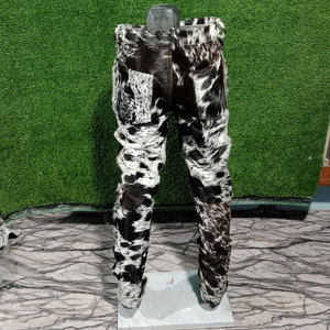 Cow Hair Leather Pant <b>Men</b> Western Cowhide Fur <b>Trousers</b> Black And <b>White</b> Spotted Real Hair On Hide Slim Fit - Product Image 5