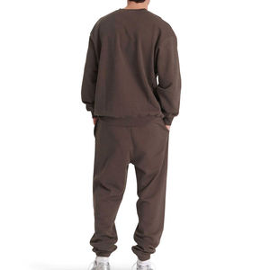 Ensemble de survêtement en coton marron pour homme, col rond, pantalon de jogging, couleur unie, coupe décontractée, vêtements d'automne, longueur intégrale avec poches latérales - Product Image 5