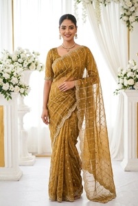 Sari de Seda Color Mostaza para Mujer, Marca AARA, con Borde Bordado, Estilo Tradicional para Bodas, Largo hasta el Suelo, Corte Regular, India, Pakistán - Product Image 3