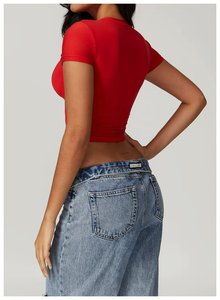 Haut de yoga à col montant pour femme, respirant, uni, séchage rapide, t-shirt de sport, logo personnalisé, manches courtes, chemises ajustées, OEM - Product Image 5