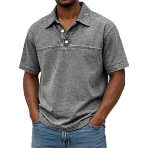 เสื้อโปโลผู้ชายสั่งทำโลโก้ขายส่ง ผ้าคอตตอน/โพลีเอสเตอร์ผสม ย้อมสีแบบแอซิดวอช ถักทอ 220 GSM เสื้อยืดโอเวอร์ไซส์ แขนสั้น สไตล์วินเทจ - Product Image 2