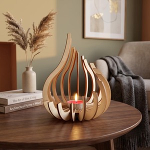 Lanterne en bois faite à la main en forme de flamme, porte-bougie pour décoration d'intérieur, écologique - Product Image 3