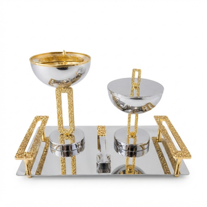 Ensemble de brûleurs d'encens en métal argenté sur un plateau, avec supports à ruban à calligraphie arabe et poignées texturées scintillantes pour les arômes domestiques - Product Image 6