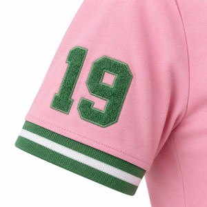 Custom Women's Sorority T Shirt <b>Pink</b> Green Cotton V Neck Ringer Chenille Patch Contrast Trim Greek Apparel Wholesale <b>Plus</b> <b>Size</b> - Product Image 4
