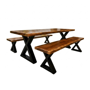 Juego de Comedor Rectangular Moderno de Madera Maciza de Suar para Restaurante, Patas en X de Hierro, 9 Piezas, Dos Bancos, Uso Doméstico - Product Image 1