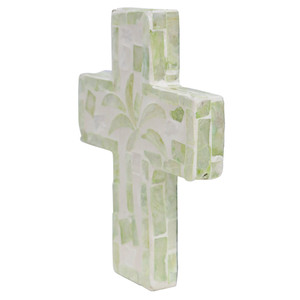 Handcrafted Mother Of Pearl Cross <b>Wall</b> Decor Green Palm Pattern <b>Wall</b> Art Tropical Accent Graceful Capiz Cross Hanging Home Decor - Product Image 3