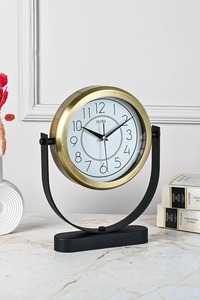 Reloj de Escritorio Metálico, Diseño Circular Tradicional, Movimiento Mecánico Silencioso con Sonido de Cada Hora, Pantalla de Agujas, Base Negra - Product Image 2
